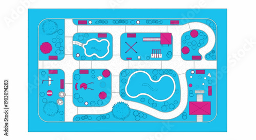 Stylized Top View Map of Public Park Layout. Architectural Blueprint of Recreation Area, Playground, and Water Features in Bright Pink and Cyan Vector Illustration.