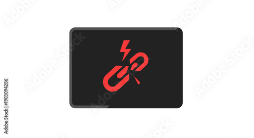 Broken Link Error Icon with Lightning Bolt. Red Chain Disconnection Warning Symbol on Black Badge for System Failure or Security Alert.