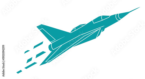 Abstract Vector Icon of Teal Fighter Jet Flying Upwards. Military Aircraft Logo Concept for Speed, Technology, and Aviation Design Element.