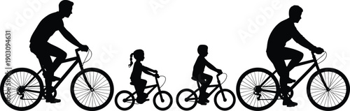 Silhouette of a family cycling with children on smaller bikes on a white background bicycles parents