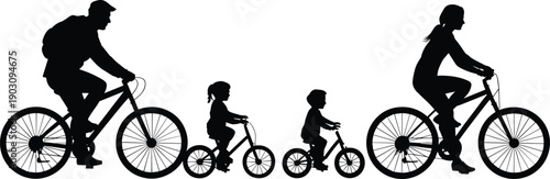 Silhouette of a family enjoying a bicycle ride together on a white background cycling bicycles parents