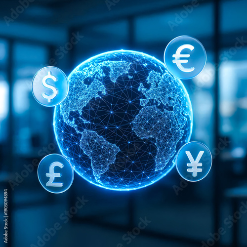 Blue digital world map hologram with golden currency symbols