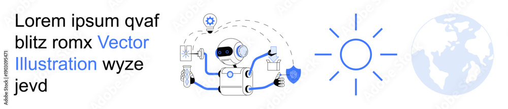 Naklejka premium Artificial intelligence, energy efficiency, global connectivity, eco-friendly technology, sustainable innovation, renewable resources. A robot with digital elements, sun and globe. AI and energy