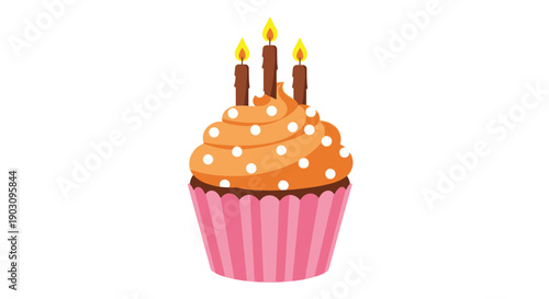 Delicious chocolate cupcake with orange frosting and white polka dots topped with three lit candles in a pink wrapper celebrating a special occasion or birthday party with joy and sweetness always.
