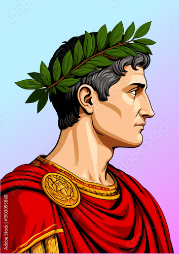 066-12-iJulius caesar profile portrait wearing a red toga and golden fibula