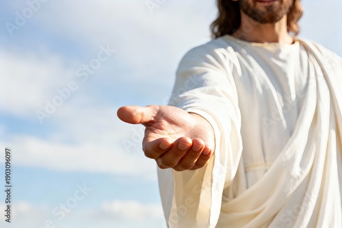 Jesus reaches out with his hand, inviting people to join him. The scene is set in an open area under a clear sky with clouds, symbolizing warmth and connection.