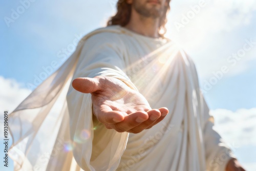 Jesus stands with an open hand extended toward viewers. Bright sunlight shines behind him, creating a warm glow in the background. The scene conveys a message of invitation and hope for believers.