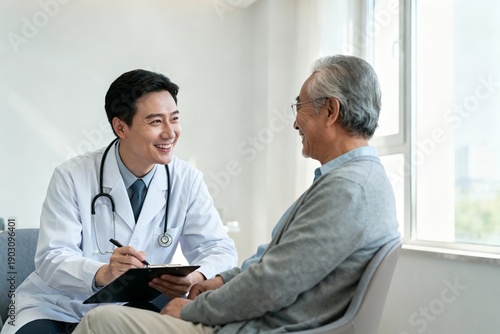 A doctor sits with a senior man in a clinic. The doctor smiles while taking notes. The patient looks relaxed. They are discussing health matters in a well-lit room.