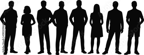 Group of diverse men and women standing in a line with casual stances and modern attire silhouettes
