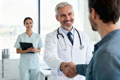 A doctor in a white coat shakes hands with a patient in a medical office. A nurse stands in the background holding a clipboard. It is a bright day, and the atmosphere is professional.