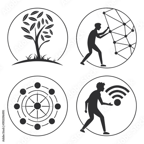 Four distinct symbols representing nature, exploration, science, and athleticism Vector