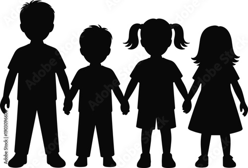 Silhouette of four diverse children holding hands in a line representing unity friendship and childhood innocence