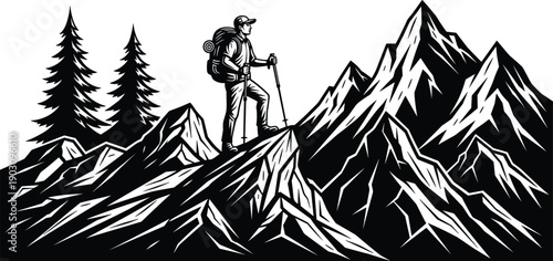 Adventure hiker standing on top of mountain peak looking at view in black and white vector illustration style for travel concept