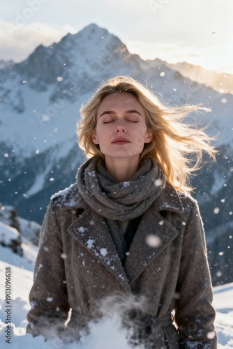 A woman stands in the snow-covered mountains. She closes her eyes and takes a deep breath. Snowflakes fall around her as she enjoys the cold weather and the winter landscape.
