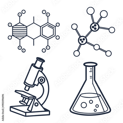 Illustrations of chemistry equipment and molecular structures. Vector