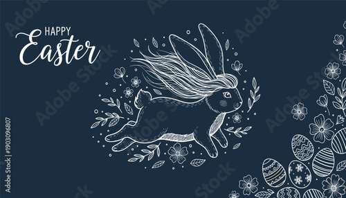 Easter bunny silhouette in floral wreath with happy easter greeting on dark background illustration