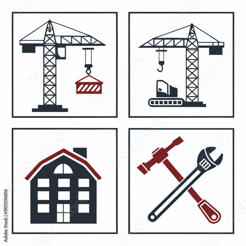 Icons representing construction, building maintenance, and repair services. Vector
