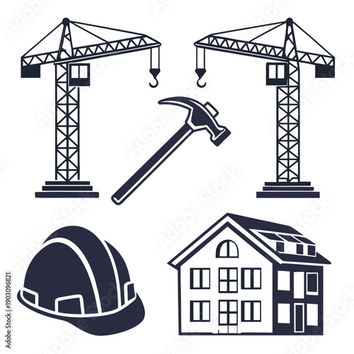 Construction workers building a house with a crane and hammer. Vector
