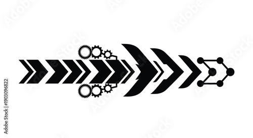 Black and white graphic illustrating a sequential process flow incorporating mechanics and network concepts
