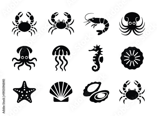Collection of Black and White Icons Featuring Marine Life and Shellfish