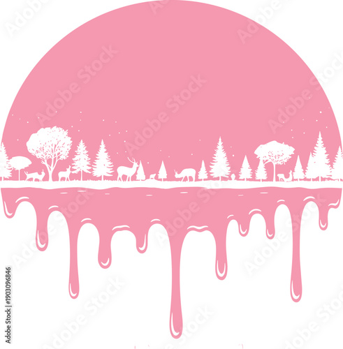 Pink sunset silhouette with dripping effect and cityscape