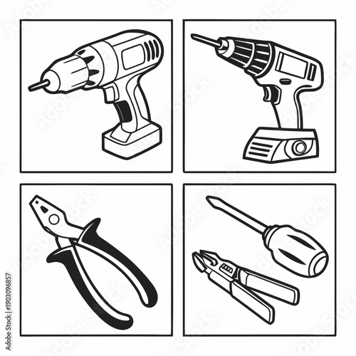 A set of tools including a drill, pliers, and a screwdriver. Vector