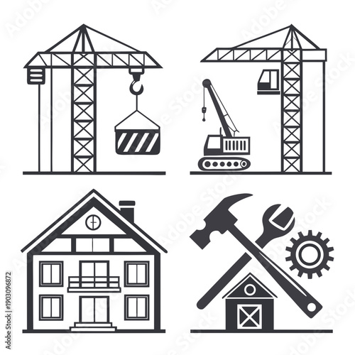 A collection of construction and building icons including a house, crane, and tools Vector