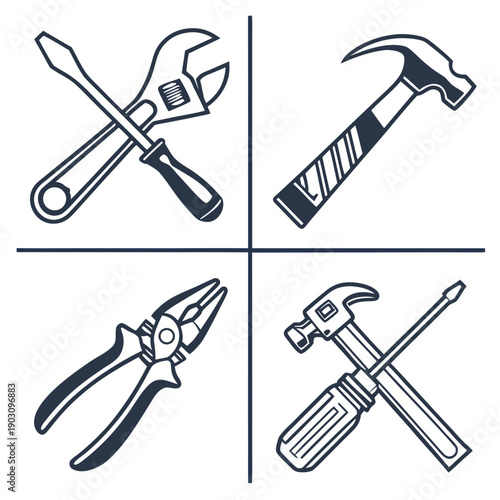 An assortment of tools including a wrench, hammer, pliers, and screwdriver. Vector