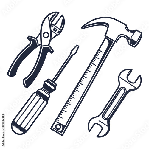 A collection of essential tools including a hammer, wrench, pliers, and screwdriver Vector