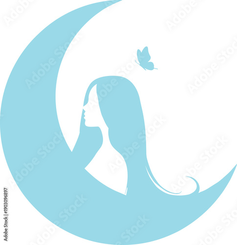 Silhouette of a woman in a yoga pose against a crescent moon background silhouette