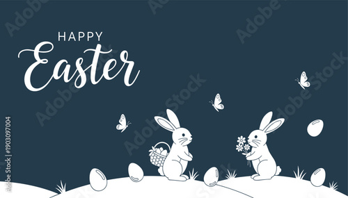 Easter celebration silhouette of two white rabbits and eggs on a dark blue background