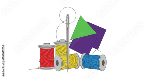 Colorful Sewing Supplies Illustration: Needle, Thread Spools, and Abstract Fabric Shapes. Vector Art.