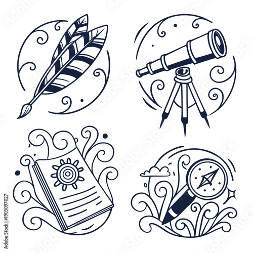 Four intricate illustrations of paintbrushes with decorative elements in a circular frame Vector