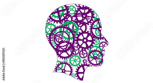 Mechanical Mind: Human Head Silhouette Filled with Complex Gears, Representing Thought, Intelligence, and System Thinking.