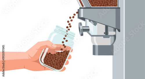 Coffee beans pouring from commercial dispenser machine into a glass jar held by a hand. Flat vector illustration isolated on white background.