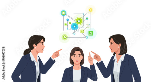 Corporate Blame and Accountability Concept. Businesswomen Pointing Fingers at Colleague over Complex Strategy and Data Network.