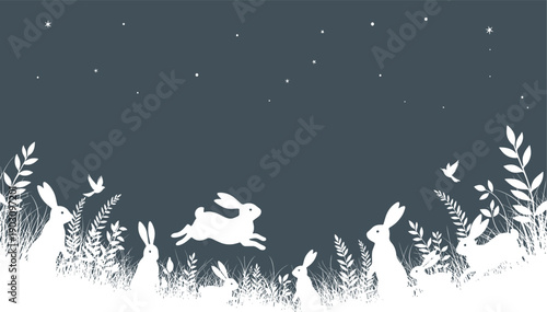 Silhouette of a rabbit leaping through a field under a starry night sky with silhouette