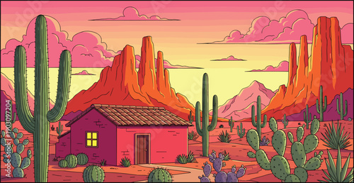 Mexican style pink adobe house in desert landscape with cactus plants and red mountains under sunset sky vector.