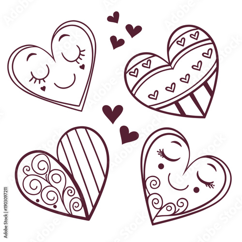 A charming illustration of five hearts, each with unique patterns and designs. Vector