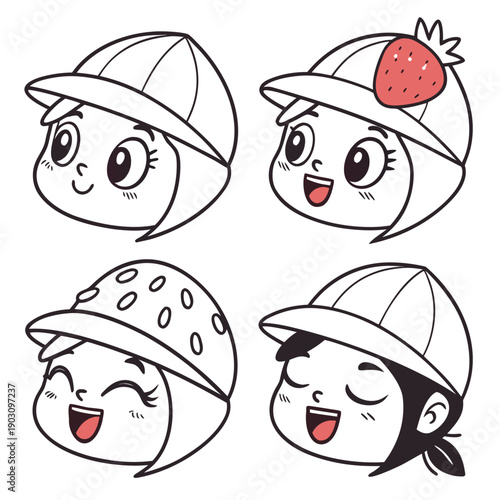 Four adorable cartoon characters wearing hats and displaying different expressions Vector