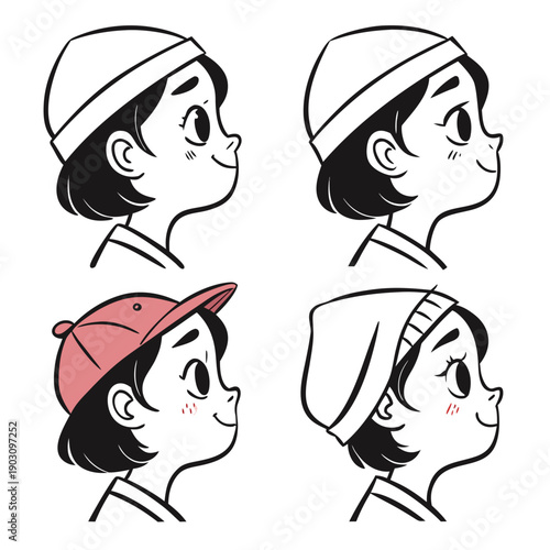 Four different styles of headscarves worn by women in a series of illustrations Vector