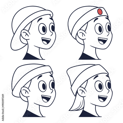 Four cartoon faces with different expressions and a red bow Vector