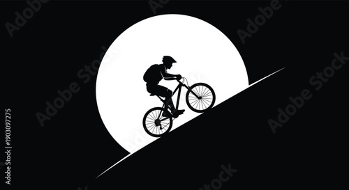 Silhouette of mountain biker riding bicycle uphill against white full moon background in black and white vector illustration.