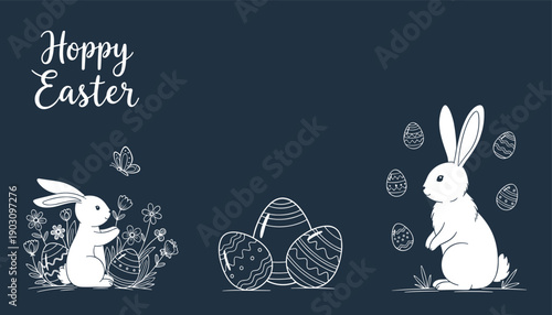 Easter bunny silhouette illustration with eggs and flowers on dark background happy easter greeting card