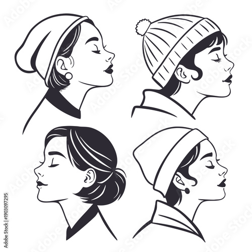 Four different styles of women's headwear in vintage illustration Vector