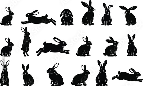 Collection of various rabbit silhouette poses on white background