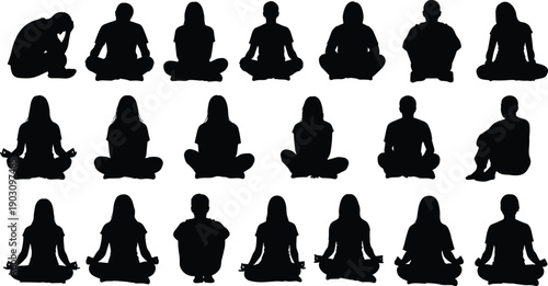 Large set of human silhouettes sitting in lotus position practicing yoga and meditation isolated on white background vector.