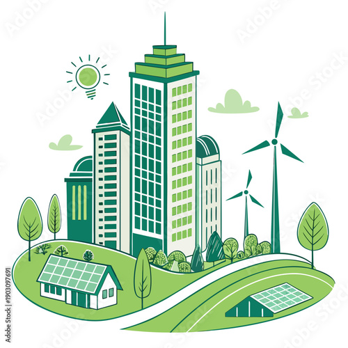 A futuristic cityscape with green energy sources and modern architecture. Vector