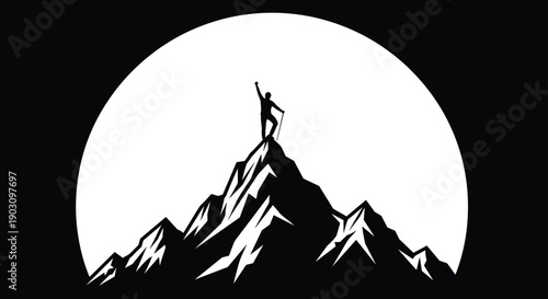 Silhouette of successful climber standing on top of mountain peak celebrating achievement against big moon background vector illustration.