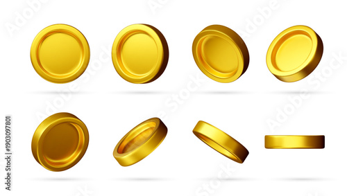 Set of 3D golden coins in various angles. Money and finance concept with realistic 3D gold token. Financial success illustration for business presentation. Vector illustration